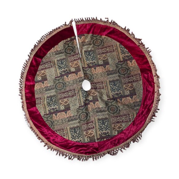 Red Velvet & Tapestry 52" Diameter Christmas Tree Skirt w/ Tassels - Picture 1 of 10